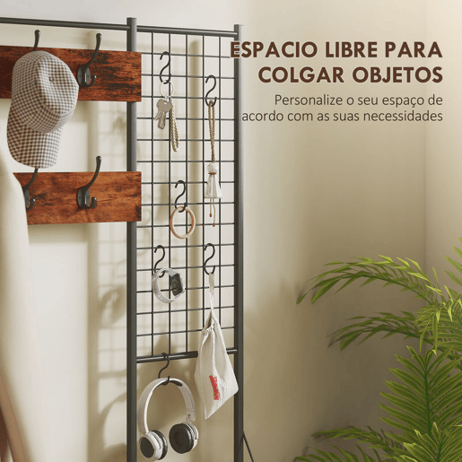 HOMCOM Suporte para Cabides Entrada Móvel de Arrumação com Sapateira 14 Ganchos 7 Gavetas de Tecido e Prateleira Estilo Industrial para Corredor Quarto Sala 100x30x183 cm Castanho Rústico