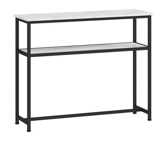 Homcom mesa consola moderna 100 cm consola recibidor estrecha con superficie con efecto mármol estante abierto y marco de metal mesa de sofá para entrada sala de estar blanco