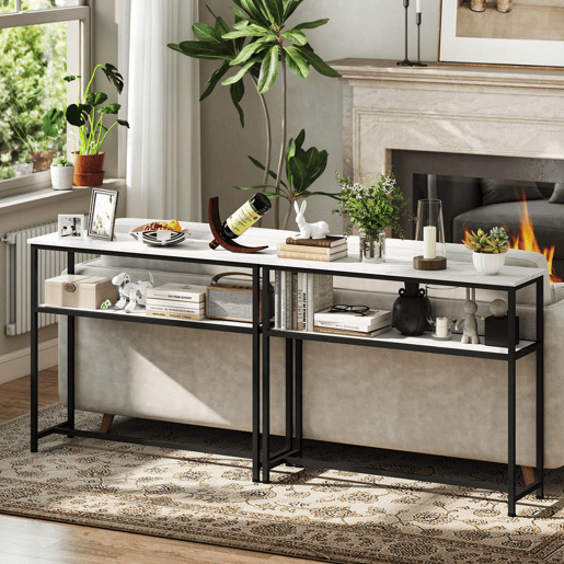 HOMCOM Mesa Consola Moderna Consola Estreita com Superfície com Efeito Mármore Prateleira Aberta e Estrutura de Metal Consola de Sofá para Entrada Sala de Estar 100x30x81 cm Branco