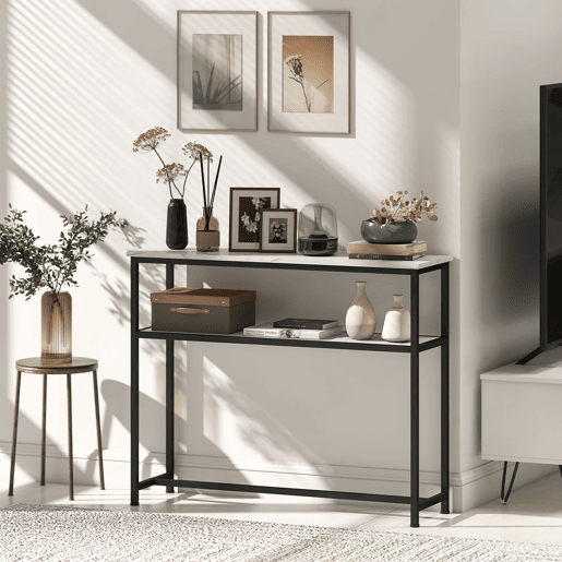 HOMCOM Mesa Consola Moderna Consola Estreita com Superfície com Efeito Mármore Prateleira Aberta e Estrutura de Metal Consola de Sofá para Entrada Sala de Estar 100x30x81 cm Branco