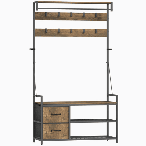 HOMCOM Móvel Cabide de Entrada 6 em 1 com Banco Móvel de Entrada com 10 Ganchos Ajustáveis 2 Gavetas Barra para Pendurar Estilo Industrial para Corredor 100x40x180 cm Castanho Rústico