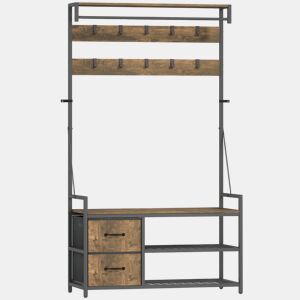 HOMCOM Móvel Cabide de Entrada 6 em 1 com Banco Móvel de Entrada com 10 Ganchos Ajustáveis 2 Gavetas Barra para Pendurar Estilo Industrial para Corredor 100x40x180 cm Castanho Rústico