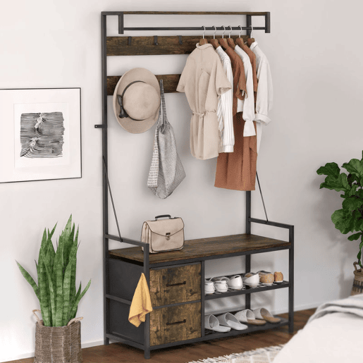 HOMCOM Móvel Cabide de Entrada 6 em 1 com Banco Móvel de Entrada com 10 Ganchos Ajustáveis 2 Gavetas Barra para Pendurar Estilo Industrial para Corredor 100x40x180 cm Castanho Rústico