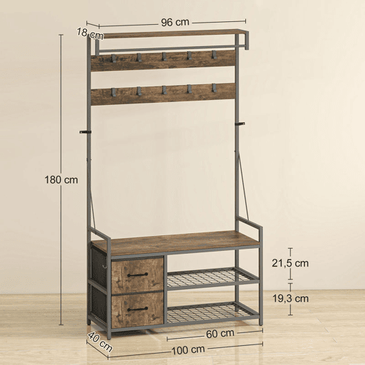 HOMCOM Móvel Cabide de Entrada 6 em 1 com Banco Móvel de Entrada com 10 Ganchos Ajustáveis 2 Gavetas Barra para Pendurar Estilo Industrial para Corredor 100x40x180 cm Castanho Rústico