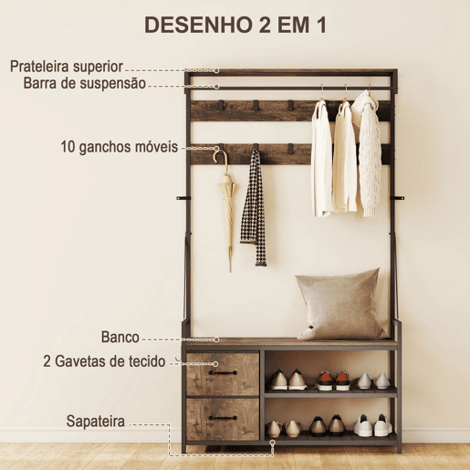 HOMCOM Móvel Cabide de Entrada 6 em 1 com Banco Móvel de Entrada com 10 Ganchos Ajustáveis 2 Gavetas Barra para Pendurar Estilo Industrial para Corredor 100x40x180 cm Castanho Rústico
