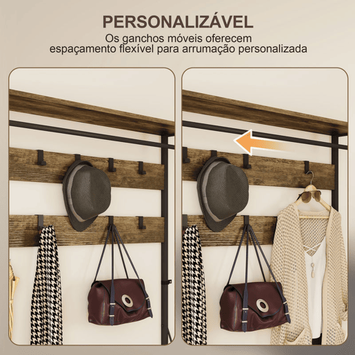 HOMCOM Móvel Cabide de Entrada 6 em 1 com Banco Móvel de Entrada com 10 Ganchos Ajustáveis 2 Gavetas Barra para Pendurar Estilo Industrial para Corredor 100x40x180 cm Castanho Rústico