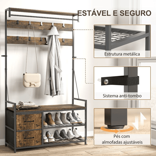 HOMCOM Móvel Cabide de Entrada 6 em 1 com Banco Móvel de Entrada com 10 Ganchos Ajustáveis 2 Gavetas Barra para Pendurar Estilo Industrial para Corredor 100x40x180 cm Castanho Rústico
