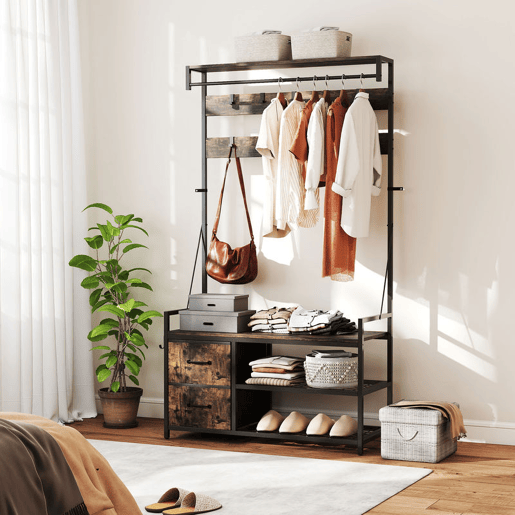 HOMCOM Móvel Cabide de Entrada 6 em 1 com Banco Móvel de Entrada com 10 Ganchos Ajustáveis 2 Gavetas Barra para Pendurar Estilo Industrial para Corredor 100x40x180 cm Castanho Rústico