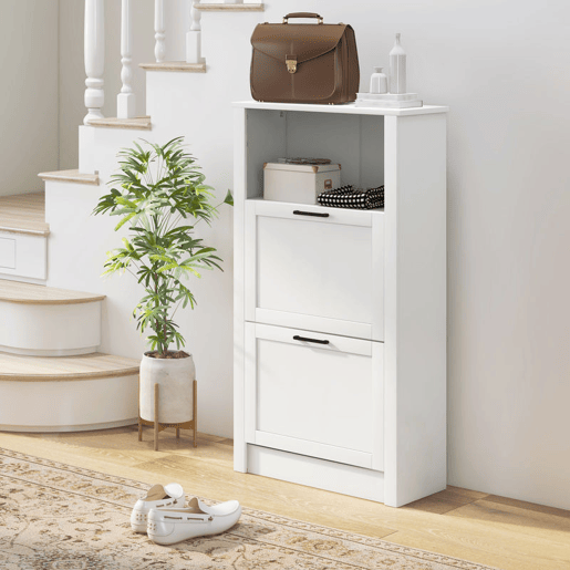 HOMCOM Sapateira Estreita com 2 Portas Sapateira para Entrada com Prateleiras Ajustáveis e Compartimento Aberto para 10 Pares de Sapatos 58x24x105 cm Branco