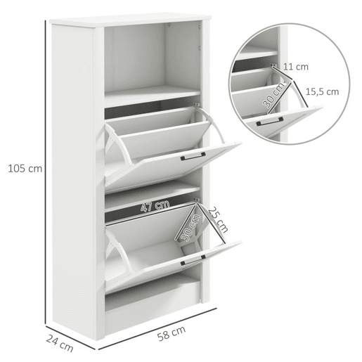 HOMCOM Sapateira Estreita com 2 Portas Sapateira para Entrada com Prateleiras Ajustáveis e Compartimento Aberto para 10 Pares de Sapatos 58x24x105 cm Branco