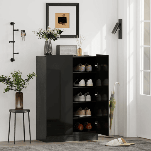 HOMCOM Sapateira de 2 Portas com Acabamento Brilhante e Fecho Suave, Sapateira para Entrada com Prateleiras Ajustáveis, Orifícios de Ventilação, Preto, para 20 Pares de Sapatos, 72x34,5x103 cm