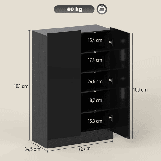 HOMCOM Sapateira de 2 Portas com Acabamento Brilhante e Fecho Suave, Sapateira para Entrada com Prateleiras Ajustáveis, Orifícios de Ventilação, Preto, para 20 Pares de Sapatos, 72x34,5x103 cm