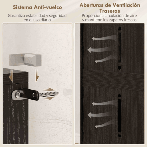 HOMCOM Sapateira de 2 Portas com Acabamento Brilhante e Fecho Suave, Sapateira para Entrada com Prateleiras Ajustáveis, Orifícios de Ventilação, Preto, para 20 Pares de Sapatos, 72x34,5x103 cm