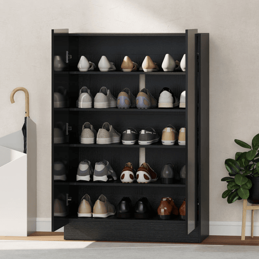 HOMCOM Sapateira de 2 Portas com Acabamento Brilhante e Fecho Suave, Sapateira para Entrada com Prateleiras Ajustáveis, Orifícios de Ventilação, Preto, para 20 Pares de Sapatos, 72x34,5x103 cm