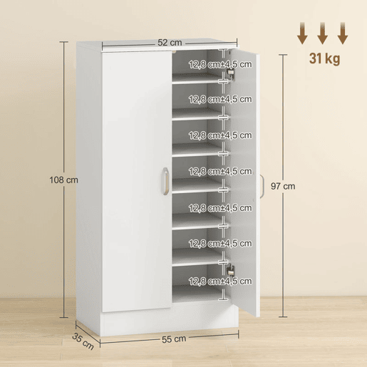 HOMCOM Sapateira de 2 Portas Sapateira para Entrada com 6 Prateleiras Ajustáveis para 14 Pares de Sapatos 55x35x108 cm Branco