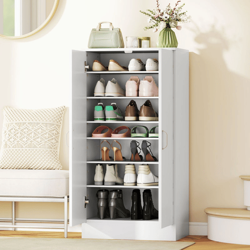 HOMCOM Sapateira de 2 Portas Sapateira para Entrada com 6 Prateleiras Ajustáveis para 14 Pares de Sapatos 55x35x108 cm Branco
