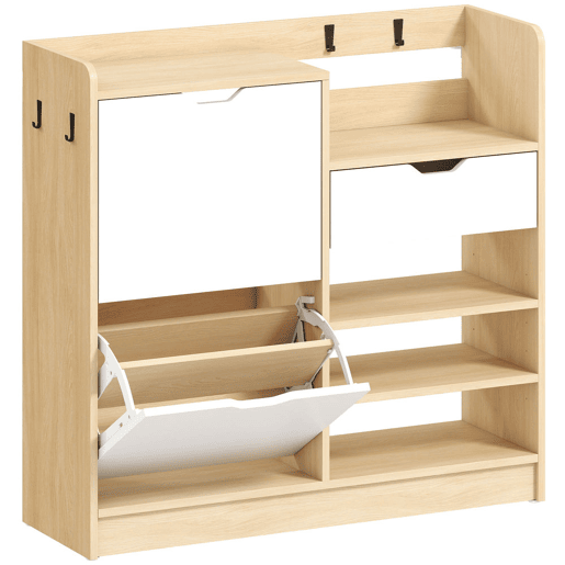 HOMCOM Sapateira Estreita com 2 Portas Sapateira para Entrada com Prateleiras Ajustáveis Gaveta Prateleiras Abertas 4 Ganchos para 14 Pares de Sapatos 93x30x90 cm Madeira e Branco