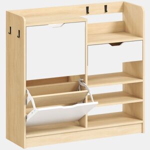HOMCOM Sapateira Estreita com 2 Portas Sapateira para Entrada com Prateleiras Ajustáveis Gaveta Prateleiras Abertas 4 Ganchos para 14 Pares de Sapatos 93x30x90 cm Madeira e Branco