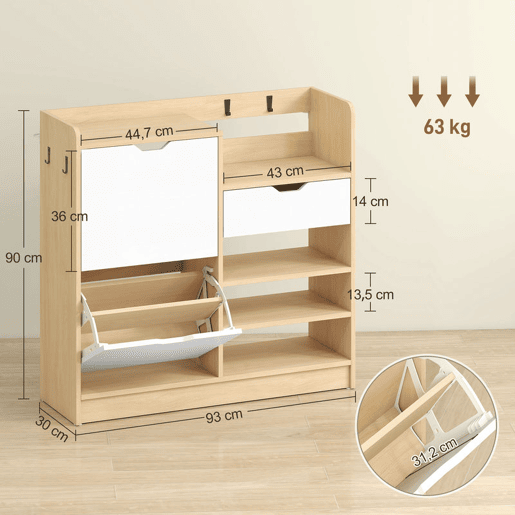 HOMCOM Sapateira Estreita com 2 Portas Sapateira para Entrada com Prateleiras Ajustáveis Gaveta Prateleiras Abertas 4 Ganchos para 14 Pares de Sapatos 93x30x90 cm Madeira e Branco