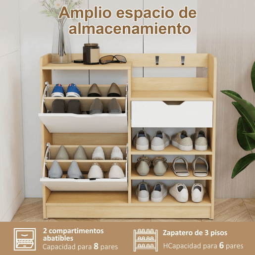 HOMCOM Sapateira Estreita com 2 Portas Sapateira para Entrada com Prateleiras Ajustáveis Gaveta Prateleiras Abertas 4 Ganchos para 14 Pares de Sapatos 93x30x90 cm Madeira e Branco