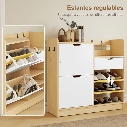 HOMCOM Sapateira Estreita com 2 Portas Sapateira para Entrada com Prateleiras Ajustáveis Gaveta Prateleiras Abertas 4 Ganchos para 14 Pares de Sapatos 93x30x90 cm Madeira e Branco