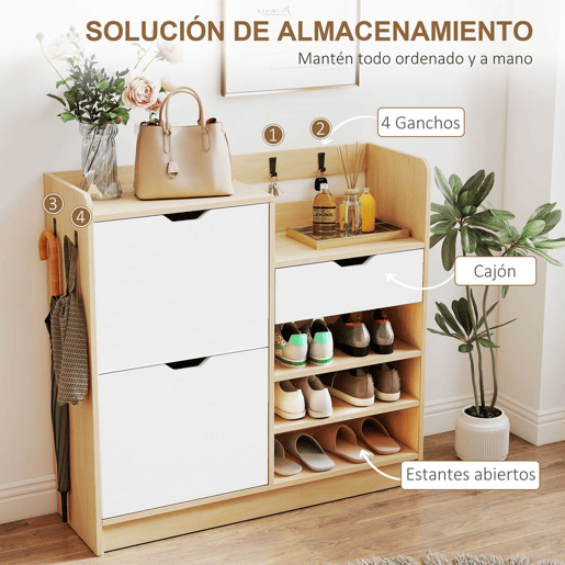HOMCOM Sapateira Estreita com 2 Portas Sapateira para Entrada com Prateleiras Ajustáveis Gaveta Prateleiras Abertas 4 Ganchos para 14 Pares de Sapatos 93x30x90 cm Madeira e Branco