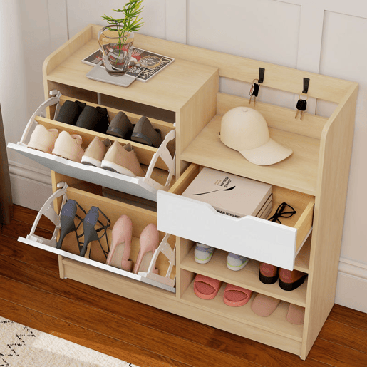 HOMCOM Sapateira Estreita com 2 Portas Sapateira para Entrada com Prateleiras Ajustáveis Gaveta Prateleiras Abertas 4 Ganchos para 14 Pares de Sapatos 93x30x90 cm Madeira e Branco