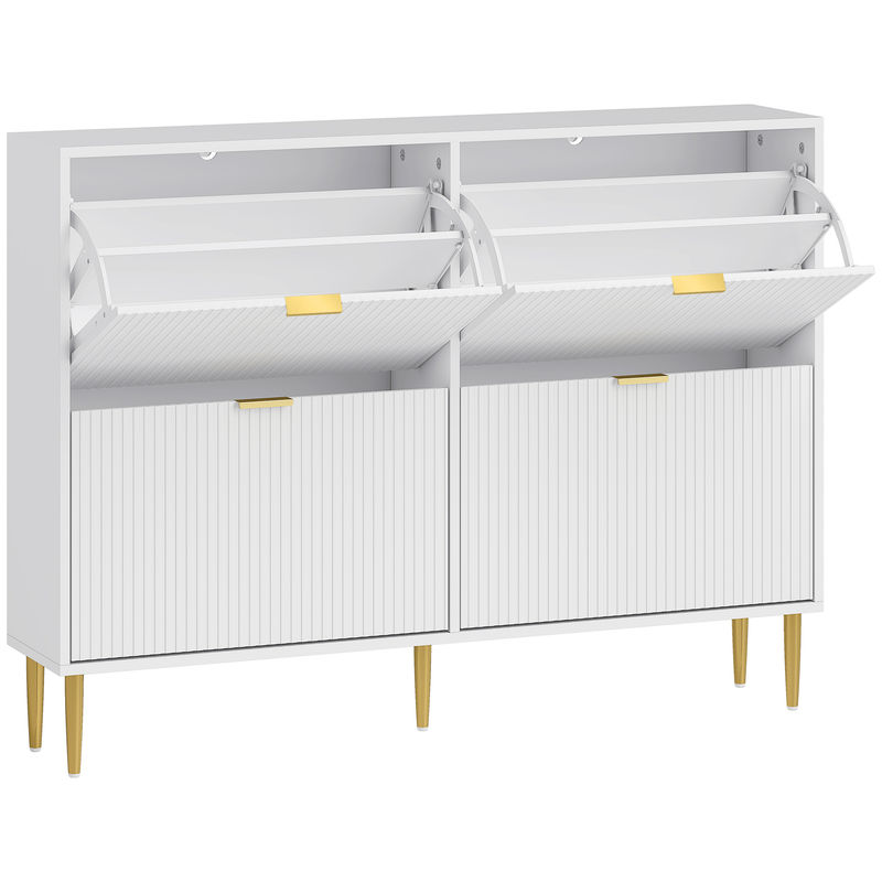 Homcom zapatero estrecho con 4 puertas abatibles acanaladas zapatero entrada recibidor con estantes ajustables para 10-20 pares de zapatos 105x24x91,5 cm blanco