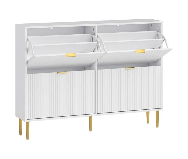 Homcom zapatero estrecho con 4 puertas abatibles acanaladas zapatero entrada recibidor con estantes ajustables para 10-20 pares de zapatos 105x24x91,5 cm blanco