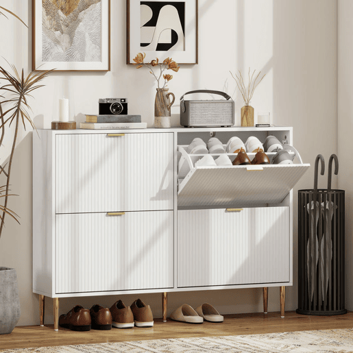 HOMCOM Sapateira Estreita com 4 Portas Canelada Sapateira para Entrada com Prateleiras Ajustáveis para 20 Pares de Sapatos 105x24x91,5 cm Branco HOMCOM Sapateira Estreita com 4 Portas Canelada Sapateira para Entrada com Prateleiras Ajustáveis para 20 Pares de Sapatos 105x24x91,5 cm Branco