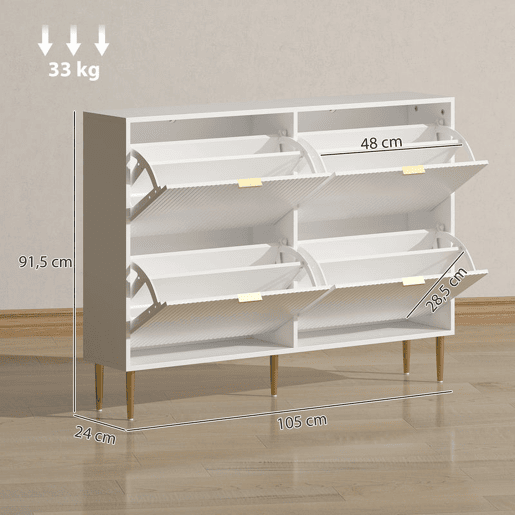 HOMCOM Sapateira Estreita com 4 Portas Canelada Sapateira para Entrada com Prateleiras Ajustáveis para 20 Pares de Sapatos 105x24x91,5 cm Branco HOMCOM Sapateira Estreita com 4 Portas Canelada Sapateira para Entrada com Prateleiras Ajustáveis para 20 Pares de Sapatos 105x24x91,5 cm Branco