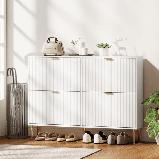 HOMCOM Sapateira Estreita com 4 Portas Canelada Sapateira para Entrada com Prateleiras Ajustáveis para 20 Pares de Sapatos 105x24x91,5 cm Branco HOMCOM Sapateira Estreita com 4 Portas Canelada Sapateira para Entrada com Prateleiras Ajustáveis para 20 Pares de Sapatos 105x24x91,5 cm Branco