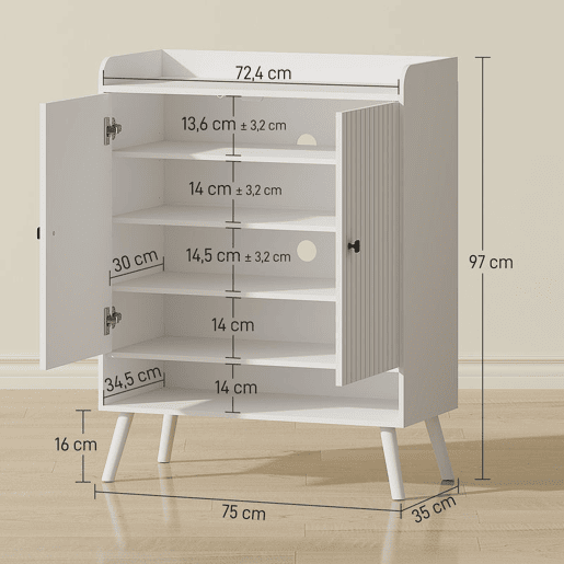 HOMCOM Sapateira de 2 Portas em Ripas Sapateira para Entrada com Prateleiras Ajustáveis Compartimento Aberto para 15 Pares de Sapatos 75x35x97 cm Branco