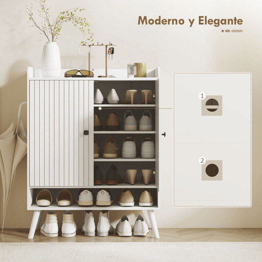 HOMCOM Sapateira de 2 Portas em Ripas Sapateira para Entrada com Prateleiras Ajustáveis Compartimento Aberto para 15 Pares de Sapatos 75x35x97 cm Branco