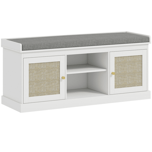 HOMCOM Banco Sapateira Móvel Sapateira Boémio com Assento Acolchoado Portas com Frente em Vime Prateleira Aberta Prateleira Ajustável para 9 Pares de Sapatos para Entrada 105x35x47 cm Branco