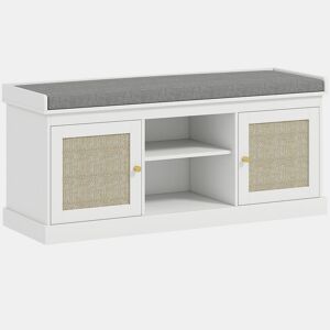 HOMCOM Banco Sapateira Móvel Sapateira Boémio com Assento Acolchoado Portas com Frente em Vime Prateleira Aberta Prateleira Ajustável para 9 Pares de Sapatos para Entrada 105x35x47 cm Branco