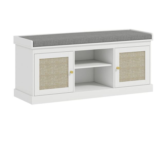 Homcom banco zapatero mueble zapatero banco recibidor bohemio con asiento acolchado puertas frentes de ratán estante abierto estante ajustable para 9 pares de zapatos para entrada 105x35x47 cm blanco