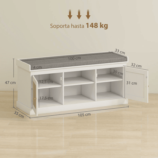 HOMCOM Banco Sapateira Móvel Sapateira Boémio com Assento Acolchoado Portas com Frente em Vime Prateleira Aberta Prateleira Ajustável para 9 Pares de Sapatos para Entrada 105x35x47 cm Branco