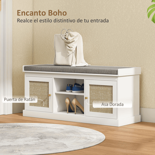 HOMCOM Banco Sapateira Móvel Sapateira Boémio com Assento Acolchoado Portas com Frente em Vime Prateleira Aberta Prateleira Ajustável para 9 Pares de Sapatos para Entrada 105x35x47 cm Branco