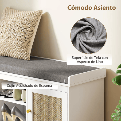 HOMCOM Banco Sapateira Móvel Sapateira Boémio com Assento Acolchoado Portas com Frente em Vime Prateleira Aberta Prateleira Ajustável para 9 Pares de Sapatos para Entrada 105x35x47 cm Branco