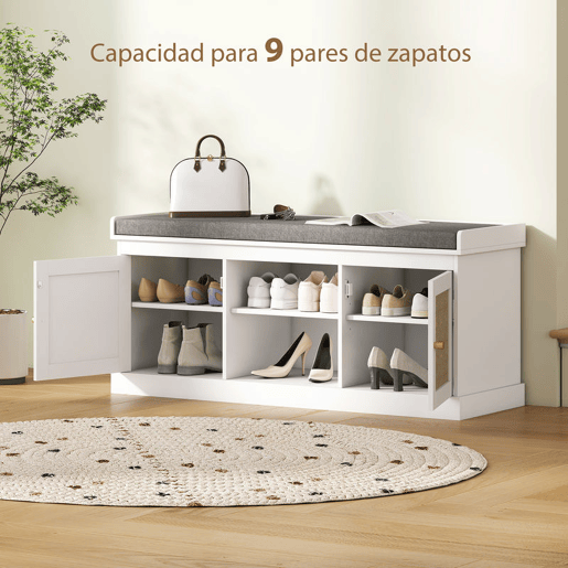 HOMCOM Banco Sapateira Móvel Sapateira Boémio com Assento Acolchoado Portas com Frente em Vime Prateleira Aberta Prateleira Ajustável para 9 Pares de Sapatos para Entrada 105x35x47 cm Branco