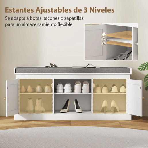 HOMCOM Banco Sapateira Móvel Sapateira Boémio com Assento Acolchoado Portas com Frente em Vime Prateleira Aberta Prateleira Ajustável para 9 Pares de Sapatos para Entrada 105x35x47 cm Branco