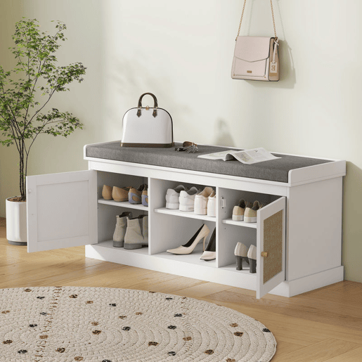 HOMCOM Banco Sapateira Móvel Sapateira Boémio com Assento Acolchoado Portas com Frente em Vime Prateleira Aberta Prateleira Ajustável para 9 Pares de Sapatos para Entrada 105x35x47 cm Branco