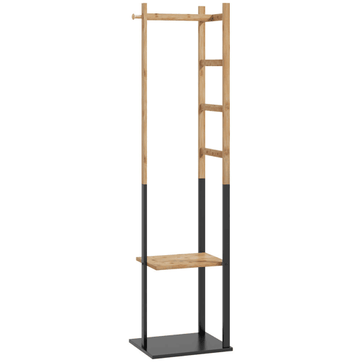 HOMCOM Cabide de Pé de Bambu com 2 Prateleiras 2 Ganchos 5 Barras Cabide de Entrada com Estrutura de Aço para Pendurar Roupa no Corredor Sala de Estar Quarto 46x28,5x153,5 cm Madeira e Preto