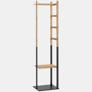 HOMCOM Cabide de Pé de Bambu com 2 Prateleiras 2 Ganchos 5 Barras Cabide de Entrada com Estrutura de Aço para Pendurar Roupa no Corredor Sala de Estar Quarto 46x28,5x153,5 cm Madeira e Preto