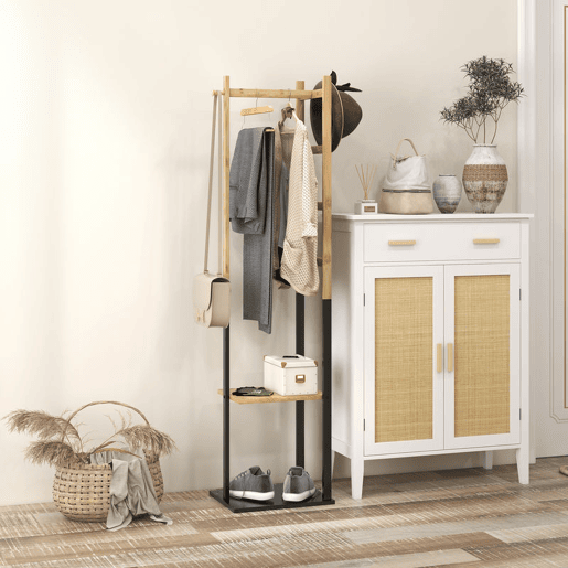 HOMCOM Cabide de Pé de Bambu com 2 Prateleiras 2 Ganchos 5 Barras Cabide de Entrada com Estrutura de Aço para Pendurar Roupa no Corredor Sala de Estar Quarto 46x28,5x153,5 cm Madeira e Preto