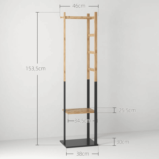 HOMCOM Cabide de Pé de Bambu com 2 Prateleiras 2 Ganchos 5 Barras Cabide de Entrada com Estrutura de Aço para Pendurar Roupa no Corredor Sala de Estar Quarto 46x28,5x153,5 cm Madeira e Preto