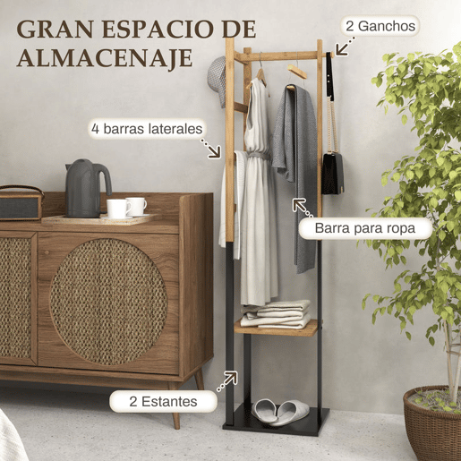 HOMCOM Cabide de Pé de Bambu com 2 Prateleiras 2 Ganchos 5 Barras Cabide de Entrada com Estrutura de Aço para Pendurar Roupa no Corredor Sala de Estar Quarto 46x28,5x153,5 cm Madeira e Preto