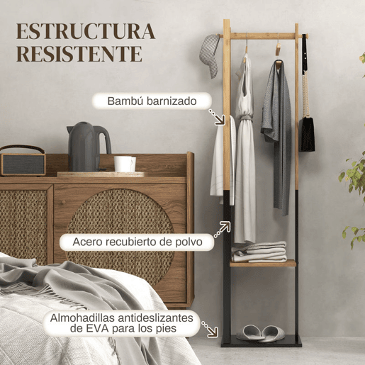 HOMCOM Cabide de Pé de Bambu com 2 Prateleiras 2 Ganchos 5 Barras Cabide de Entrada com Estrutura de Aço para Pendurar Roupa no Corredor Sala de Estar Quarto 46x28,5x153,5 cm Madeira e Preto