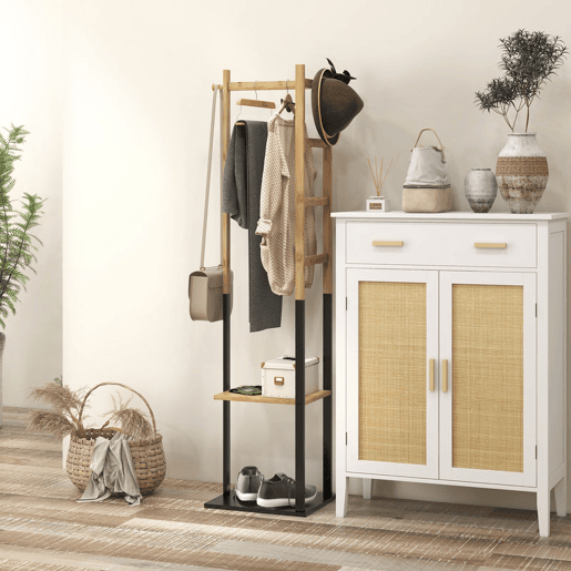 HOMCOM Cabide de Pé de Bambu com 2 Prateleiras 2 Ganchos 5 Barras Cabide de Entrada com Estrutura de Aço para Pendurar Roupa no Corredor Sala de Estar Quarto 46x28,5x153,5 cm Madeira e Preto